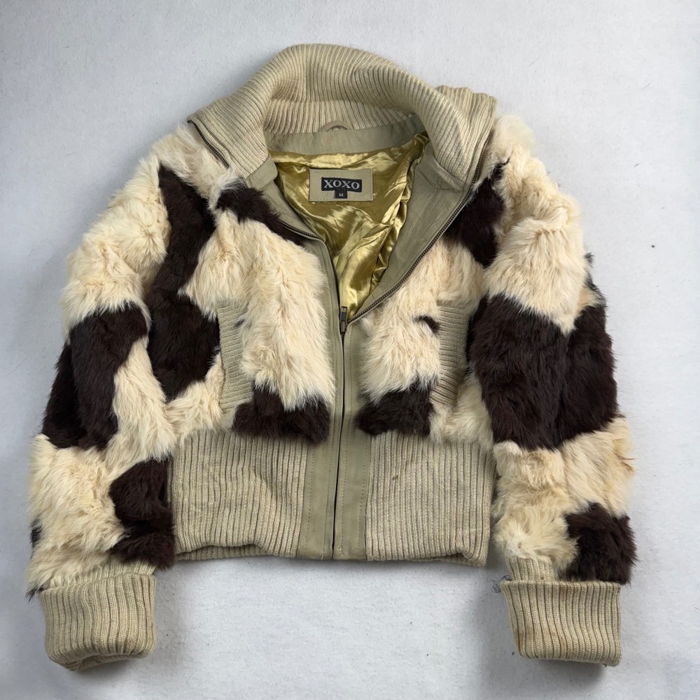XOXO Womens Genuine Rabbit Fur Patchwork Bomber Jacket Brown Cream Size M S35389